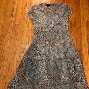 Blue Floral Tiered Dress with Mesh Neck